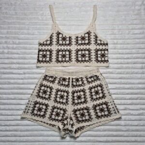 Rebellion Again Crochet Knit Cropped Matching Set  Boho Hippie Size M